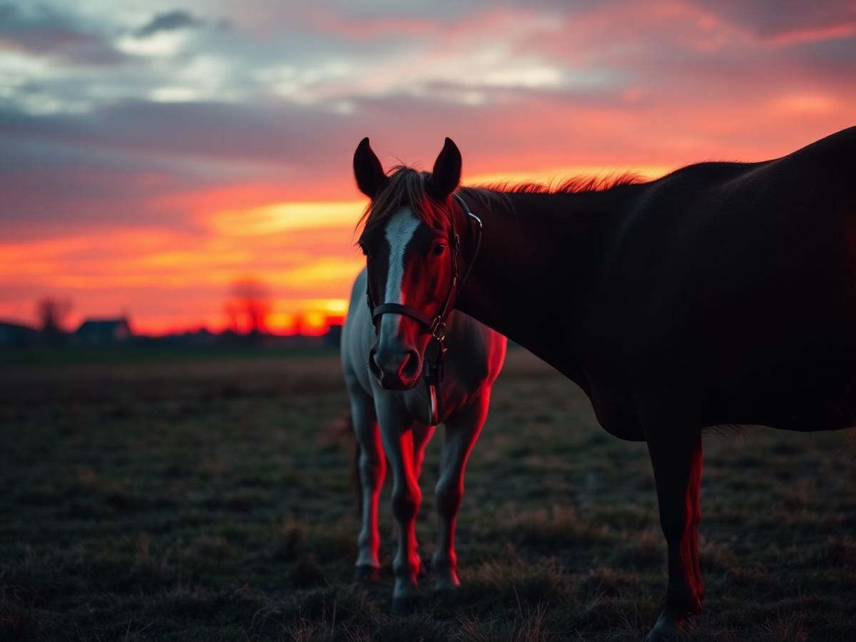 Equino e bovino ao anoitecer, com luz avermelhada